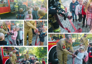 Kolaż zdjęć ze spotkania grupy Żabek ze strażakami.