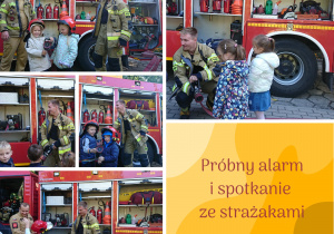 Kolaż zdjęć ze spotkania grupy Motyli ze strażakami.