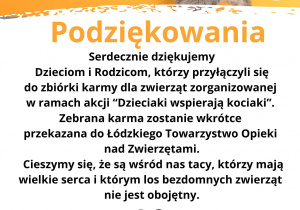 Infografika z podziękowaniami dla Dzieci i Rodziców za udział w zbiórce karmy.