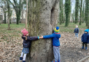 Dzieci obejmują drzewo