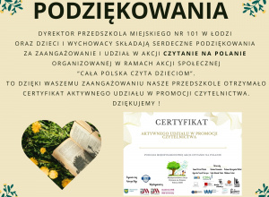Podziękowanie za udział w akcji "Czytanie na polanie"