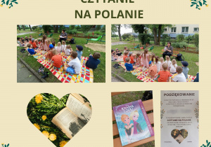 Kolaż zdjęć przedstawiający dzieci słuchające głośnego czytania zorganizowanego w ramach udziału w akcji "Czytanie na polanie".