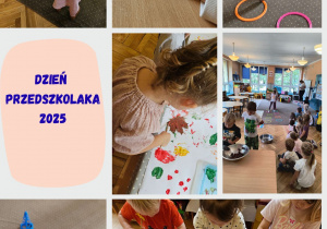 Na zdjęciu collage złożony ze zdjęć dzieci uczestniczących w zabawach z okazji Dnia Przedszkolaka