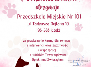 Podziękowanie za udział w zbiórce karmy dla zwierząt